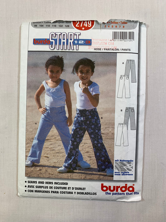 Burda Sewing Pattern 2749 Girls' Pants, Zipper Front, Pockets, Darts, Close-Fitting, Size 3-8, Cut, 2000