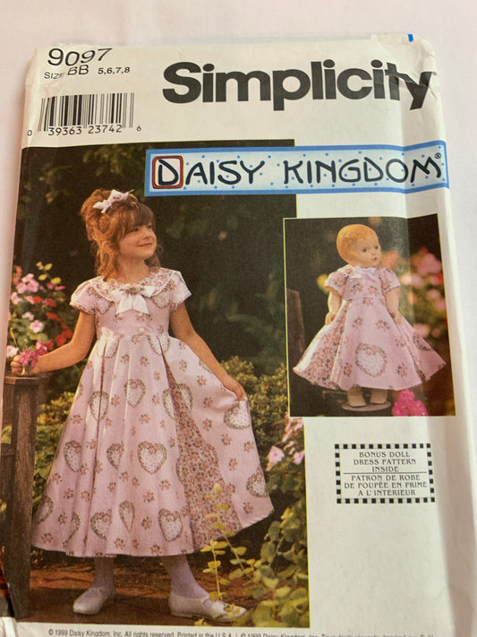 Simplicity Sewing Pattern 9097 Girls' Dress, Doll Dress, 18" Doll, Full Skirt, Zipper Back, Puffed Short Sleeves, Raised Waist, Size 5-8, Uncut, Vintage 1999