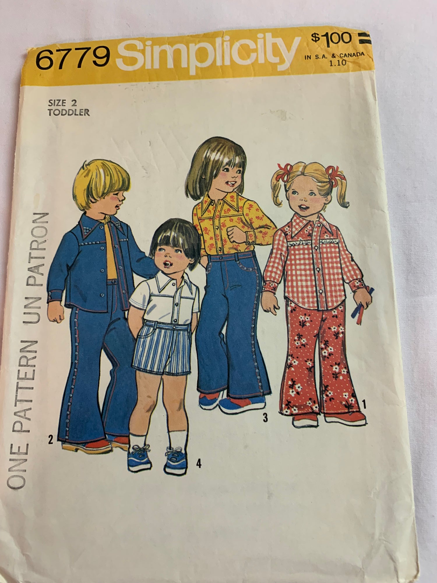 Simplicity Sewing Pattern 6779 Toddlers' Shirt, Bell-Bottom Pants, Shorts, Two Lengths, Long/Short Sleeves, Snap Front, Size 2, Cut, Vintage 1974