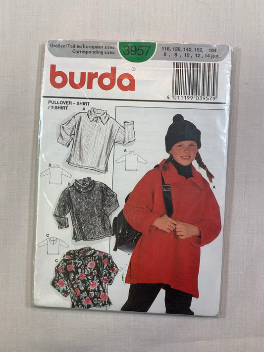 Burda Sewing Pattern 3957 Girls' Pullover Shirt, Long Sleeves, Collar, # Variations, Size 6-14, Cut, 2001