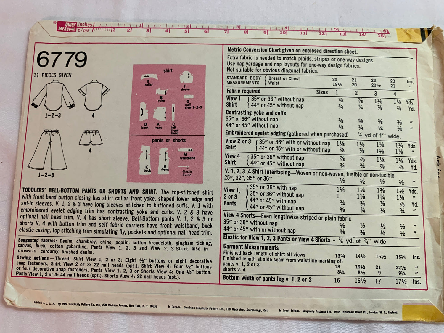 Simplicity Sewing Pattern 6779 Toddlers' Shirt, Bell-Bottom Pants, Shorts, Two Lengths, Long/Short Sleeves, Snap Front, Size 2, Cut, Vintage 1974