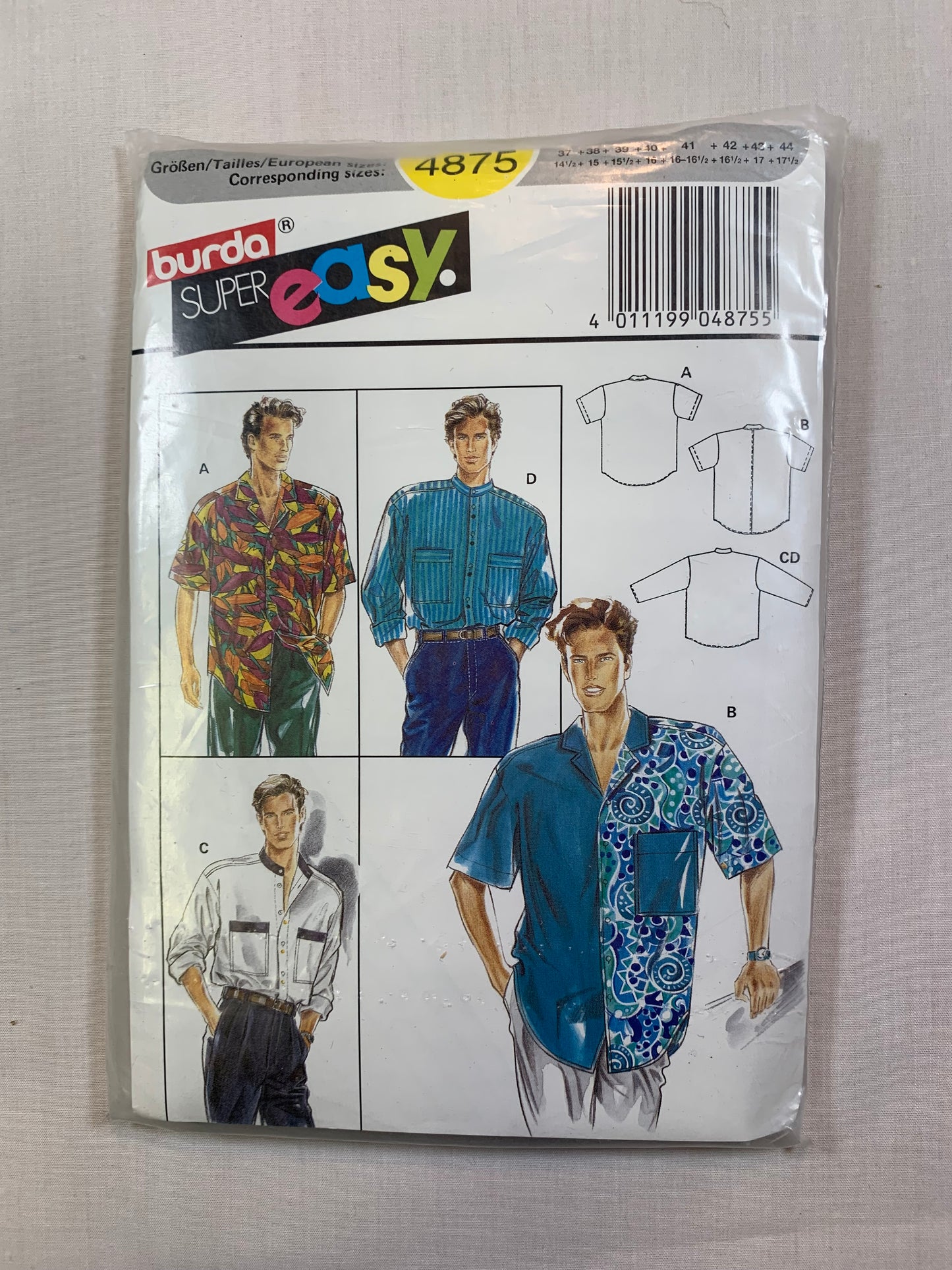 Burda Sewing Pattern 4875 Men's Shirts, Long/Short Sleeves, Pockets, Collar, Size 14 1/2-17 1/2, Cut, Vintage 1991