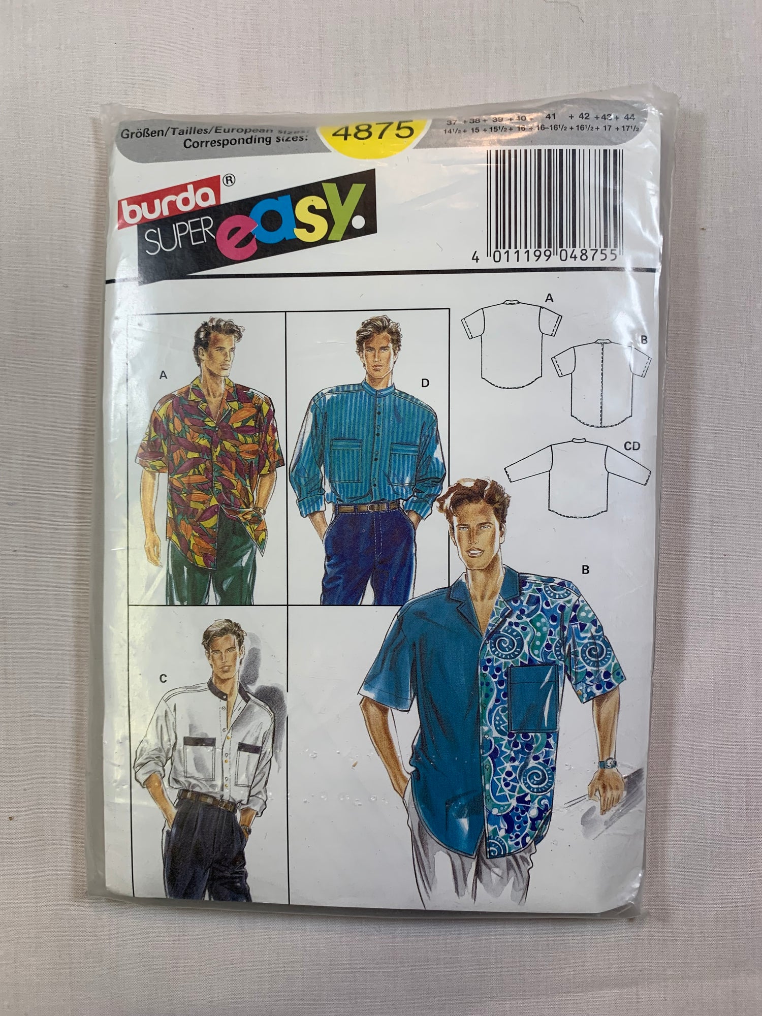 Burda Sewing Pattern 4875 Men's Shirts, Long/Short Sleeves, Pockets, Collar, Size 14 1/2-17 1/2, Cut, Vintage 1991