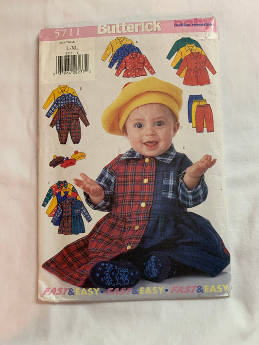 Butterick Sewing Pattern 5711 Infants' Dress, Jumpsuit, Top, Leggings, Hat, Loose-Fitting, Collar, Pockets, Snap Crotch, Elastic Waist, Size 12-29 Pounds, Uncut, Vintage 1988