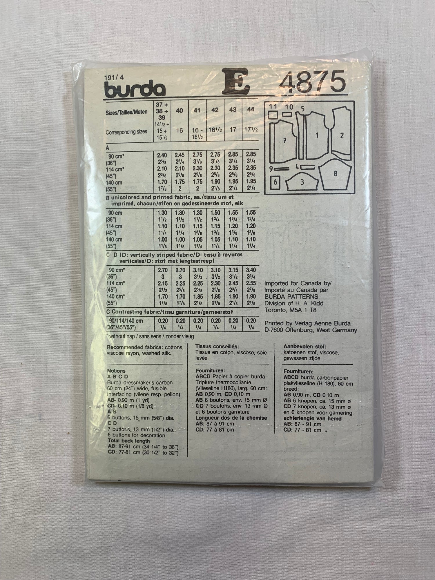 Burda Sewing Pattern 4875 Men's Shirts, Long/Short Sleeves, Pockets, Collar, Size 14 1/2-17 1/2, Cut, Vintage 1991