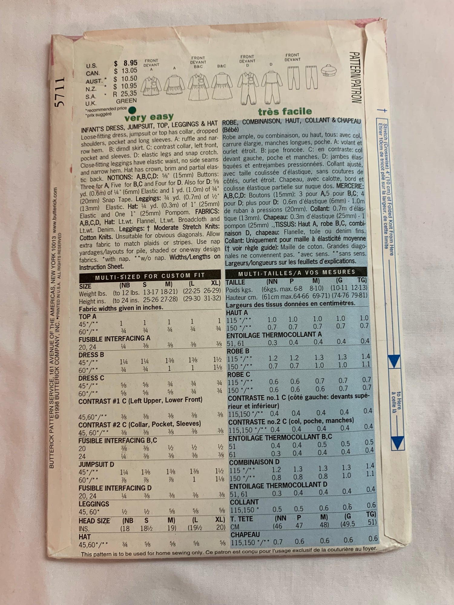 Butterick Sewing Pattern 5711 Infants' Dress, Jumpsuit, Top, Leggings, Hat, Loose-Fitting, Collar, Pockets, Snap Crotch, Elastic Waist, Size 12-29 Pounds, Uncut, Vintage 1988