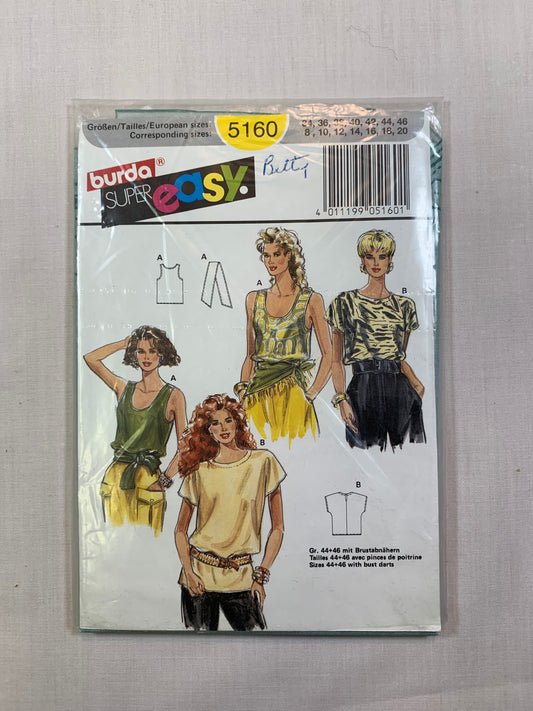 Burda Sewing Pattern 5160 Misses' Tops, Sash, 2 Variations, Sleevesless, Short Sleeves, Pullover, Size 8-20, Cut, Vintage 1990