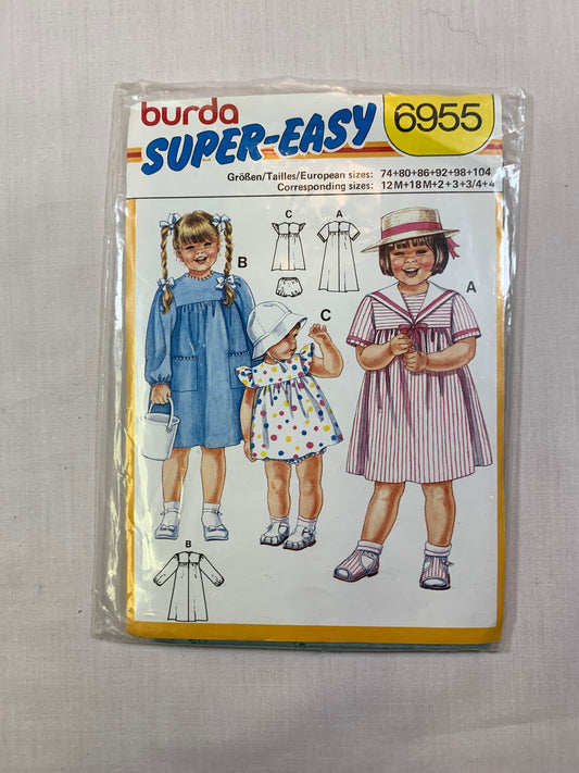 Burda Sewing Pattern 6955 Girls' Dress, Panties, Pockets, Sailor, Button Back, Long/Short Sleeves, Cap Sleeves, Size 12M-4T, Cut, Vintage 1984