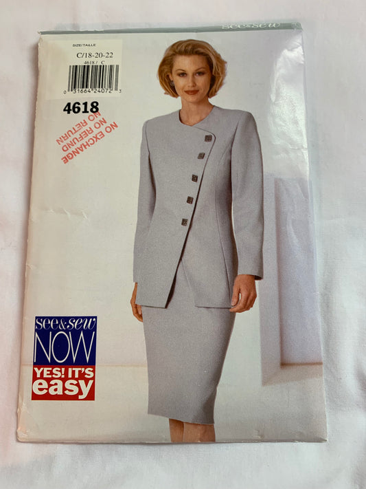 Butterick Sewing Pattern See & Sew 4618 Misses' Jacket, Skirt, Semi-Fitted,, Shoulder Pads, Long Sleeves, Princess Seams, Zipper Back, Size 18-22, Cut, Vintage 1996