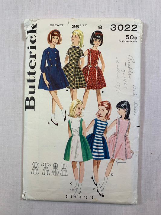 Butterick Sewing Pattern 3022 Girls' Dress6 Variations, Above Knee Length, Button Back, Princess Seams, Size 8, Cut, Vintage 1970