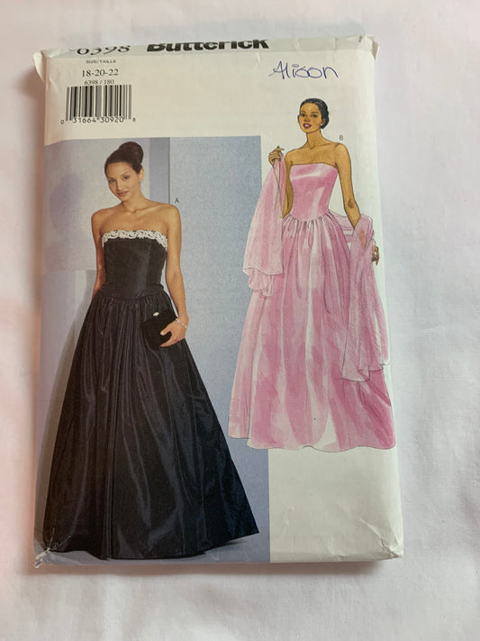 Butterick Sewing Pattern 6398 Misses'/Misses' Petite Dress, Stole, Lined, Floor Length, Zipper Back, Size 18, Cut, Vintage 1999