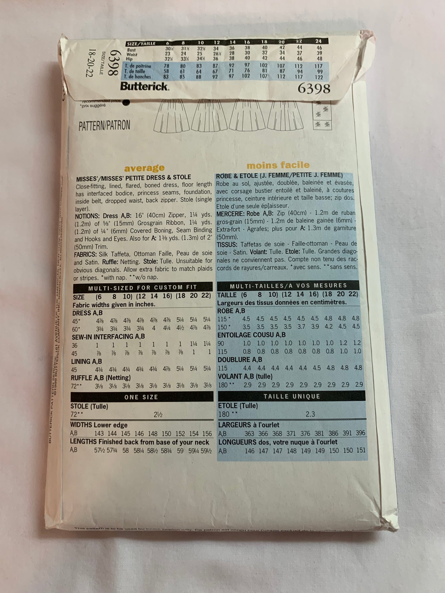 Butterick Sewing Pattern 6398 Misses'/Misses' Petite Dress, Stole, Lined, Floor Length, Zipper Back, Size 18, Cut, Vintage 1999
