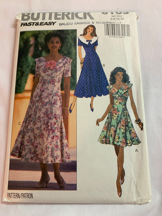 Butterick Sewing Pattern 6103 Misses' Dress, Two Lengths, Fitted, Zipper, Back, Princess Seams, Collar, Elbow Sleeves, Size 6-12, Uncut, Vintage 1992