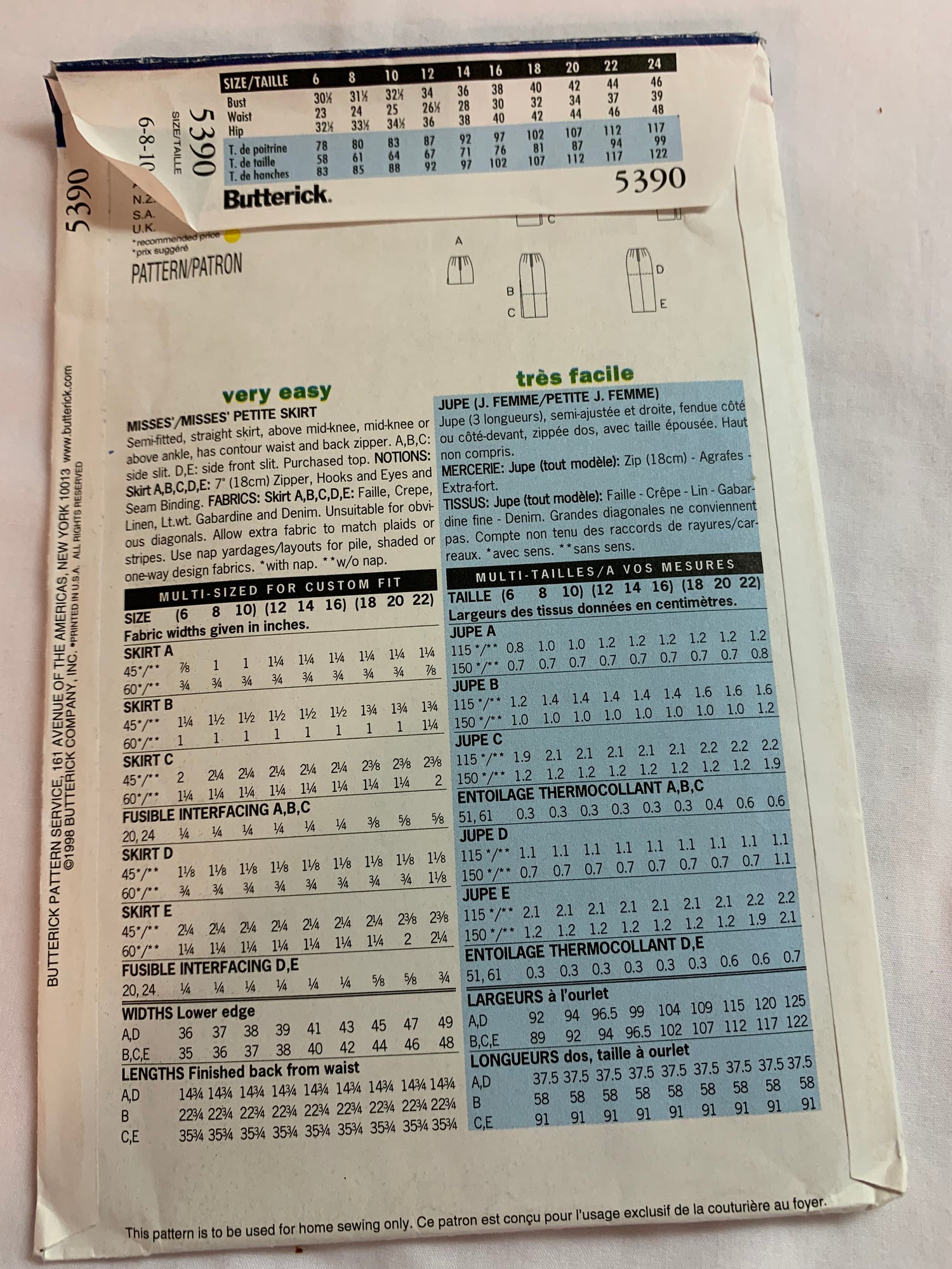 Butterick Sewing Pattern 5390 Misses'/Misses' Petite Skirt, Semi-Fitted, 3 Lengths, Zipper Back, Slit, Straight, Size 6-10, Uncut, Vintage 1998