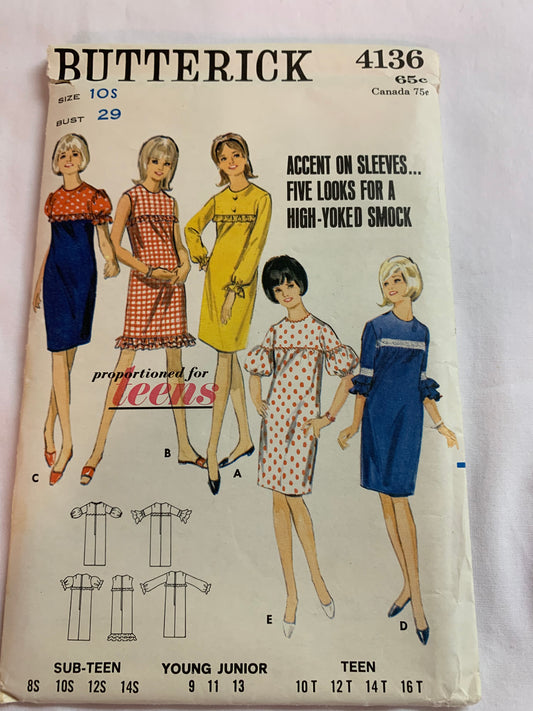 Butterick Sewing Pattern 4136 Misses' One-Piece Dress Jewel Neckline, Long/Short Sleeves, 5 Variations, Size 10, Uncut, Vintage 1970