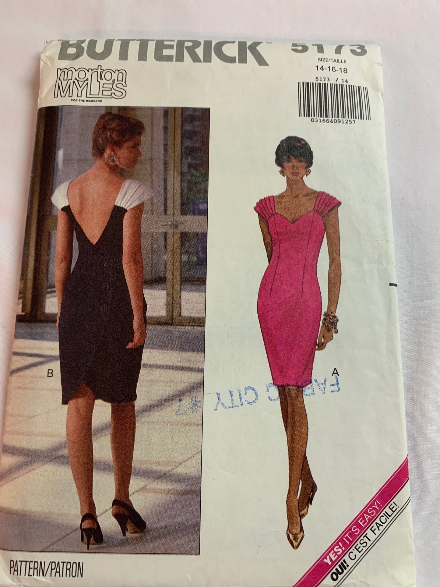 Butterick Sewing Pattern 5173 Misses' Dress, Back Wrap, Close-Fitting, Shoulder Pads, Size 16, Cut, Vintage 1990
