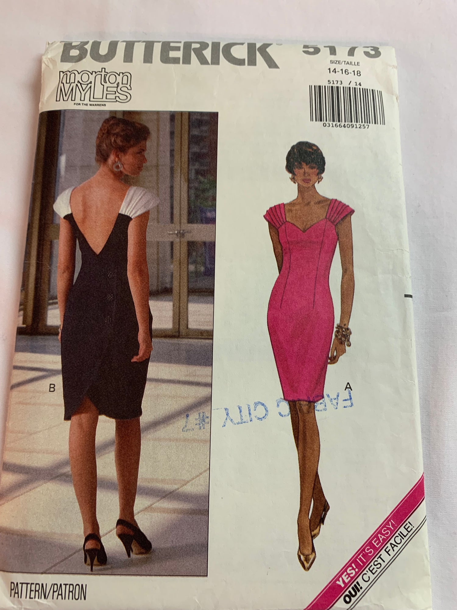 Butterick Sewing Pattern 5173 Misses' Dress, Back Wrap, Close-Fitting, Shoulder Pads, Size 16, Cut, Vintage 1990