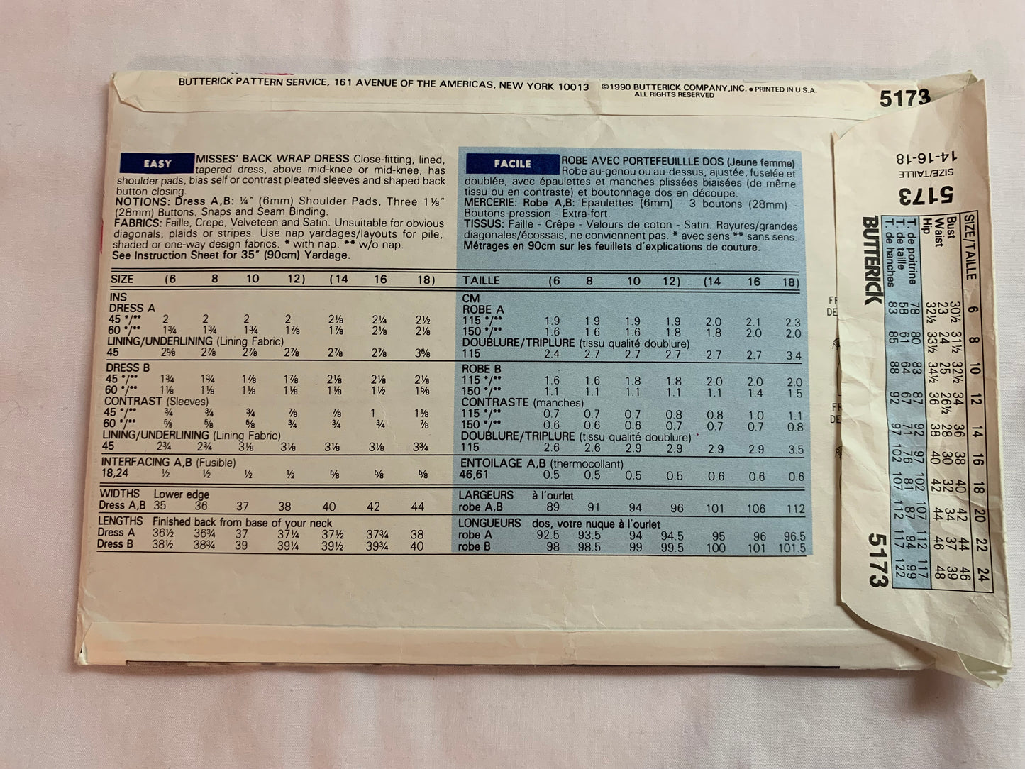 Butterick Sewing Pattern 5173 Misses' Dress, Back Wrap, Close-Fitting, Shoulder Pads, Size 16, Cut, Vintage 1990