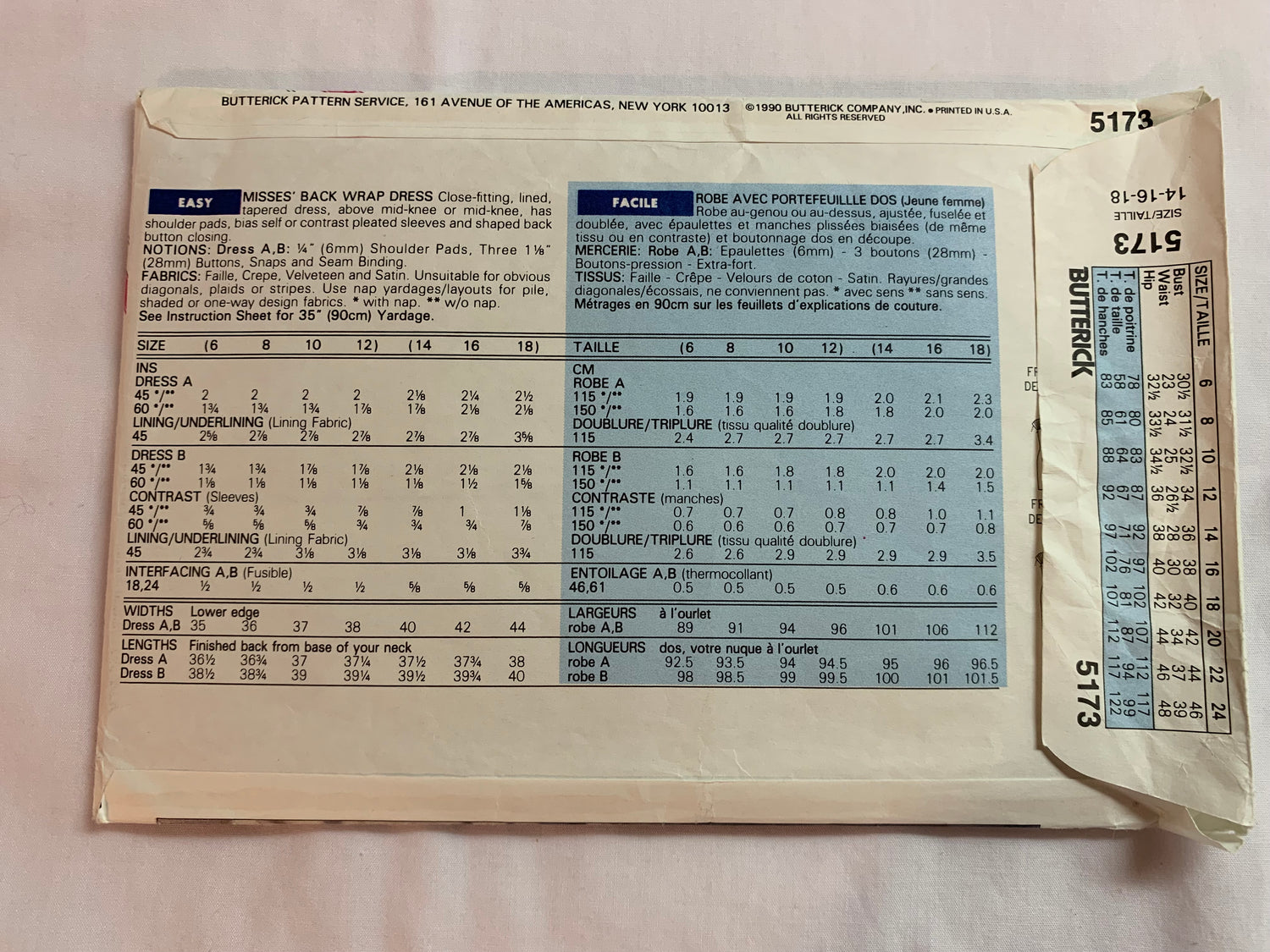 Butterick Sewing Pattern 5173 Misses' Dress, Back Wrap, Close-Fitting, Shoulder Pads, Size 16, Cut, Vintage 1990