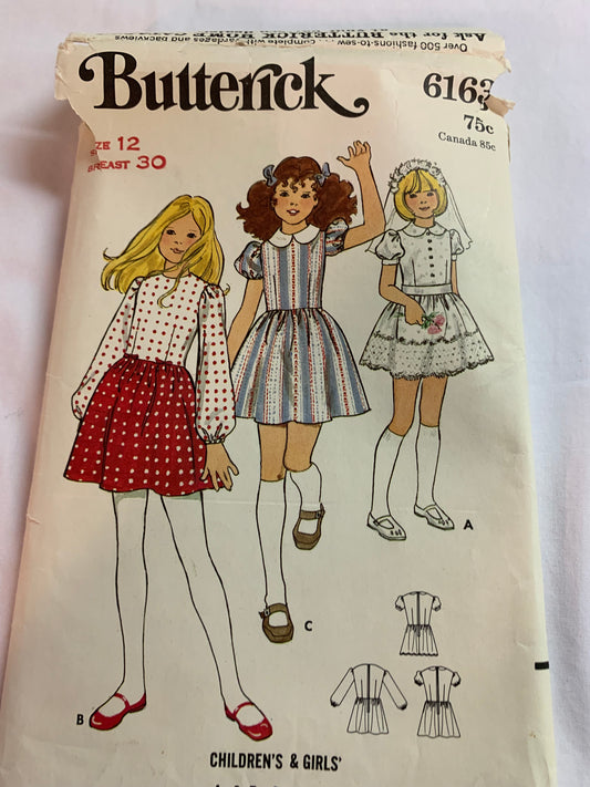 Butterick Sewing Pattern 6163 Children's/Girls Dress, Fitted, Gathered, Zipper Back, Long/Short Sleeves, Size 12, Cut, Vintage 1980