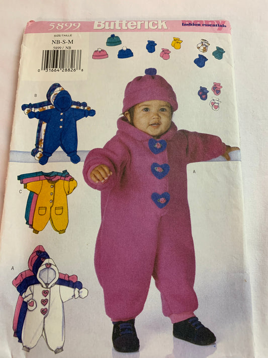 Butterick Sewing Pattern 5899 Infants' Bunting Bags, Hat, Mitts, Booties, Loose-Fitting, Zipper Front, Pockets, Size 12-29 Pounds, Uncut, Vintage 1998