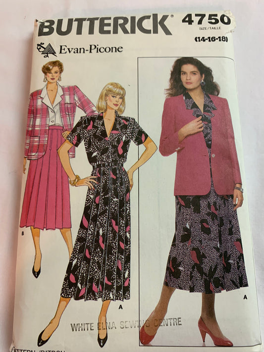 Butterick Evan-Picone Sewing Pattern 4750 Misses' Jacket, Blouse, Skirt, Loose-fitting, Pockets, Shoulders Pads, Collar, Size 14-18, Cut, Vintage 1987