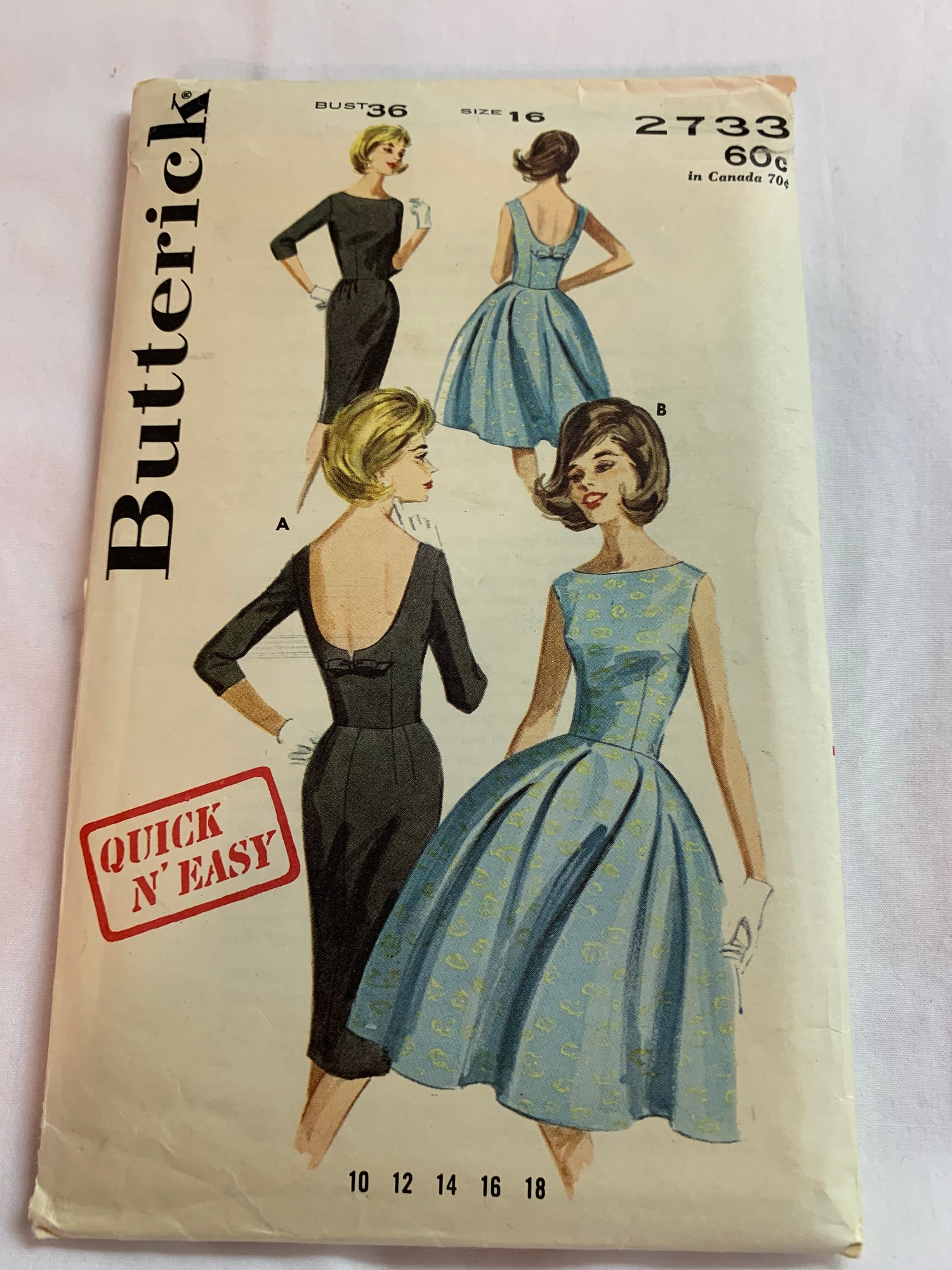 Butterick Sewing Pattern 2733 Misses' Dress, Elbow Lenght, Sleeveless, Straight, Circular, Size 16, Cut, Vintage 1970