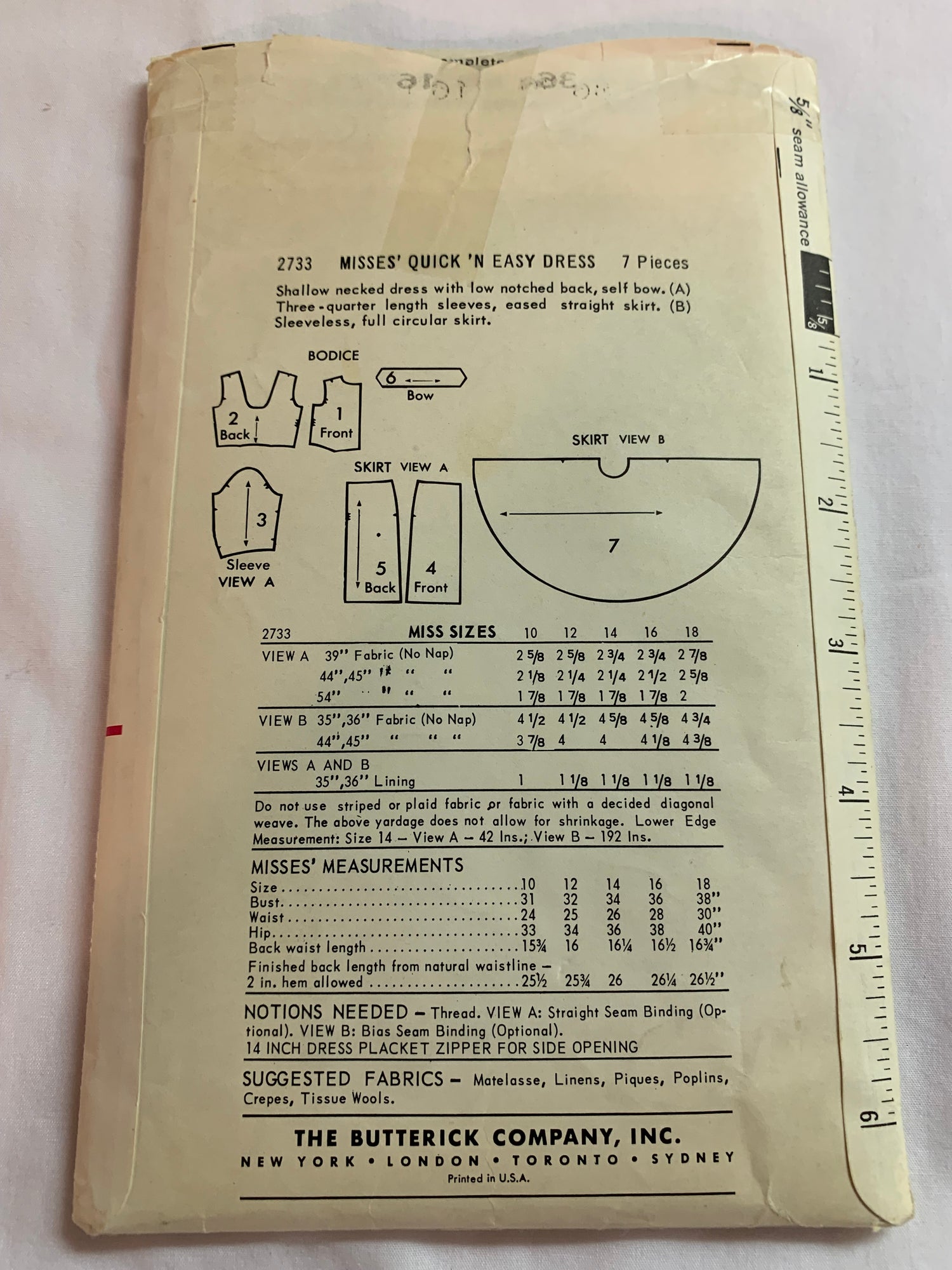 Butterick Sewing Pattern 2733 Misses' Dress, Elbow Lenght, Sleeveless, Straight, Circular, Size 16, Cut, Vintage 1970