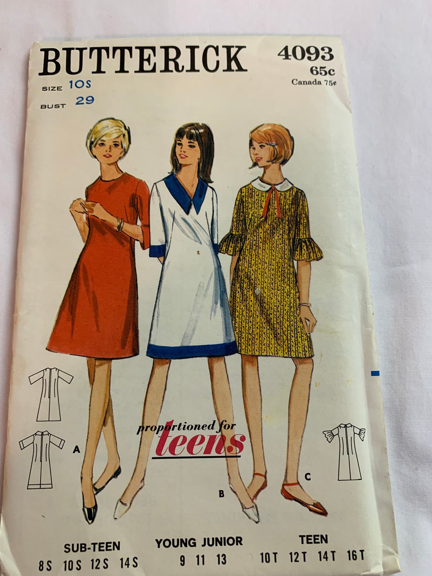 Butterick Sewing Pattern 4093 Misses' One-Piece Dress, Semi-Fitted, Collar, Elbow Sleeves, 3 Variations, Size 10, Uncut, Vintage 1970