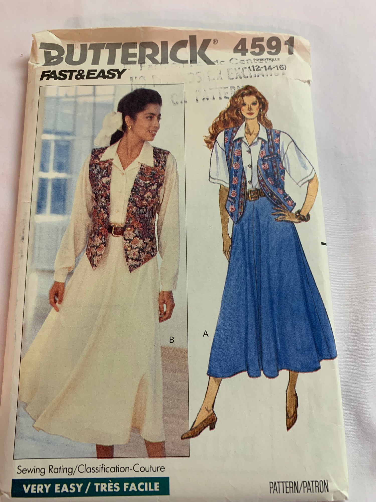 Butterick Sewing Pattern 4591 Misses' Top, Vest, Skirt, Close-Fitting, Shoulder Pads, Flared, Size 12-14, Cut, Vintage 1990
