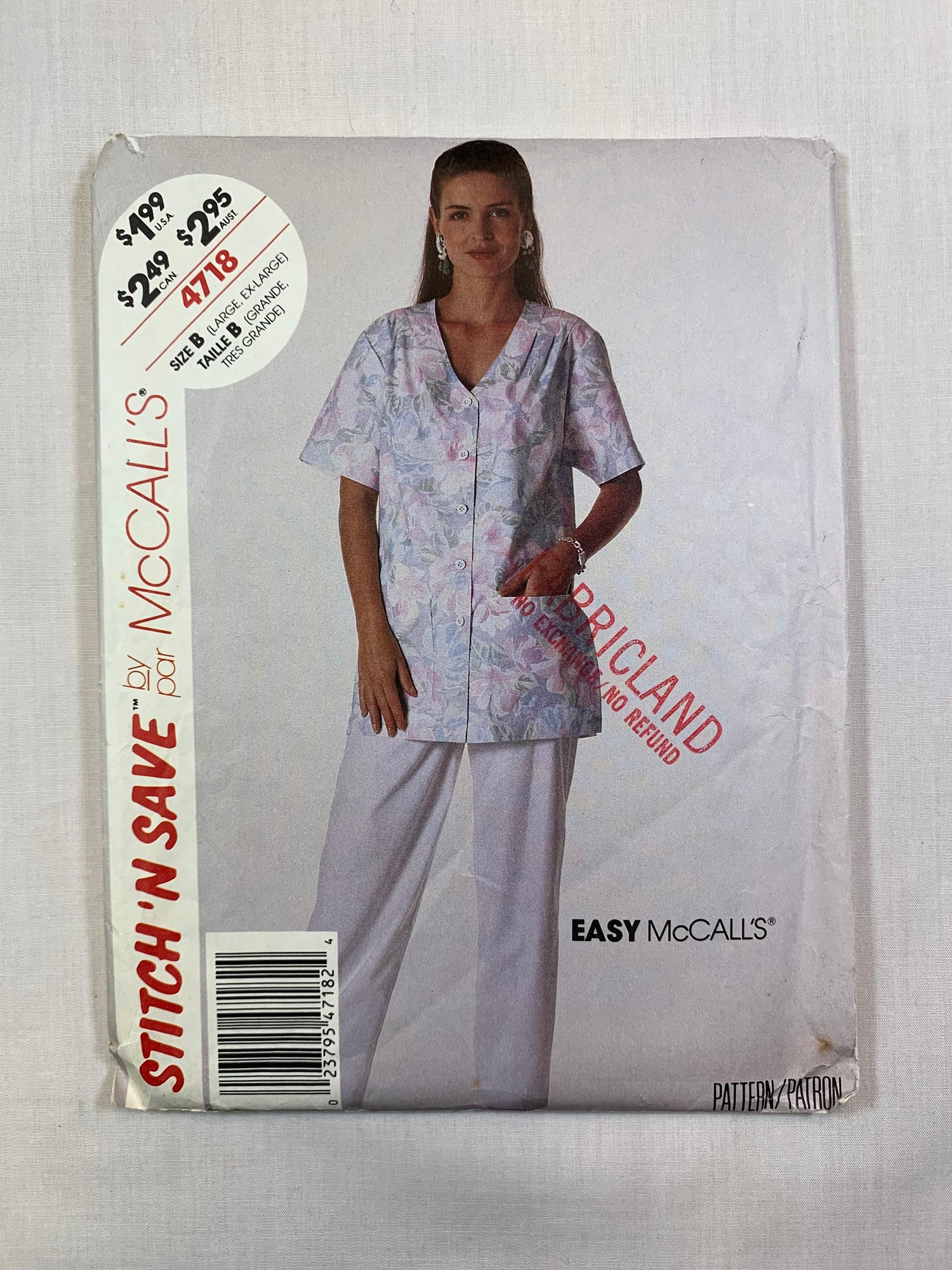 McCall's Sewing Pattern 4718 Misses' Blouse, Pants, Short Sleeves, Pockets, Elastic Waist, Button Front, Size 22-24, Cut, Vintage 1990