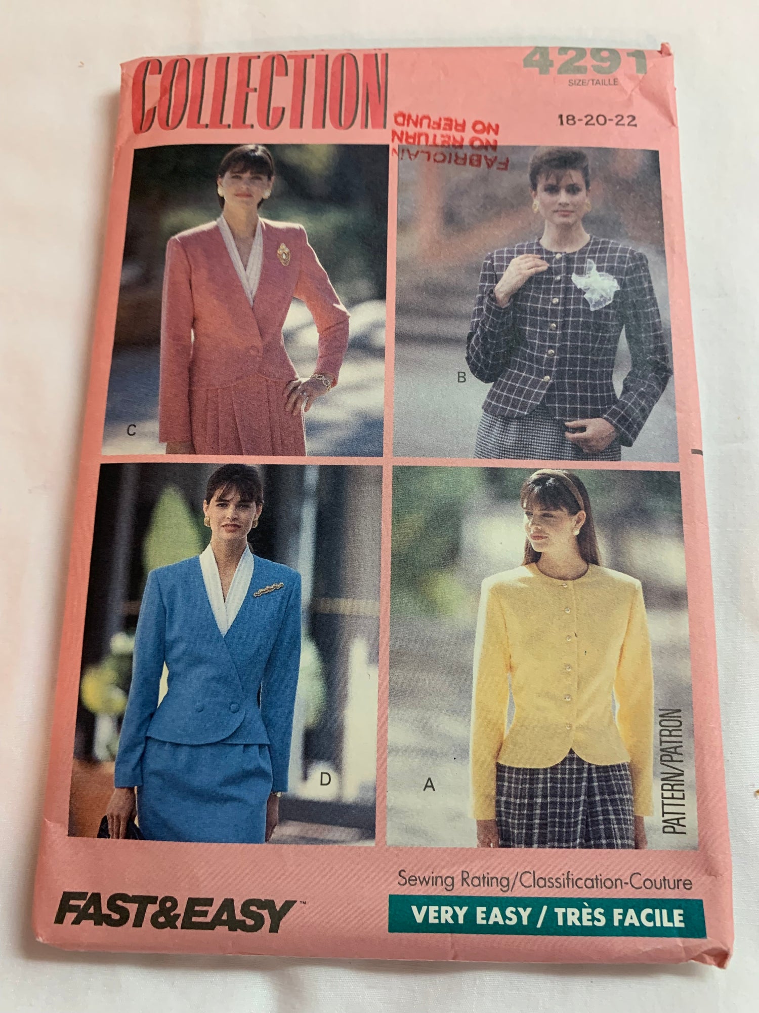Butterick Sewing Pattern 4291 Misses'/Misses' Petite, Jacket, Loose-Fitting, Unlined, Shoulder Pads, Long Sleeves, 4 Variations, Size 18-22, Cut, Vintage 1989