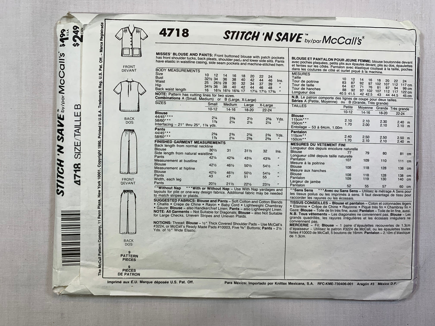 McCall's Sewing Pattern 4718 Misses' Blouse, Pants, Short Sleeves, Pockets, Elastic Waist, Button Front, Size 22-24, Cut, Vintage 1990