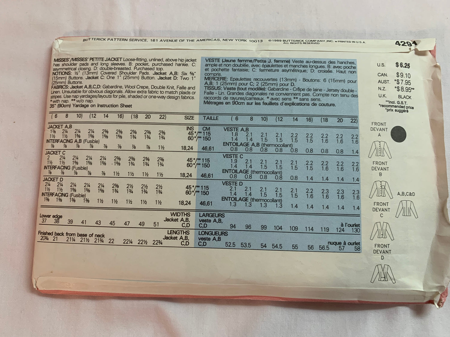 Butterick Sewing Pattern 4291 Misses'/Misses' Petite, Jacket, Loose-Fitting, Unlined, Shoulder Pads, Long Sleeves, 4 Variations, Size 18-22, Cut, Vintage 1989