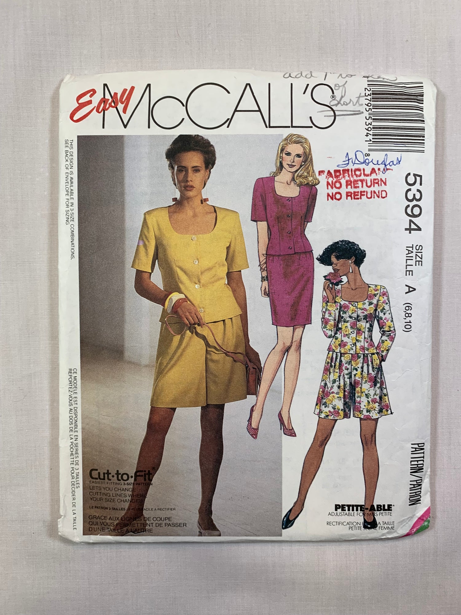 McCall's Sewing Pattern 5394 Misses' Top, Skirt, Shorts, Zipper Back, Long/Short Sleeves, Semi-Fitted, Size 6-10, Cut, Vintage 1991