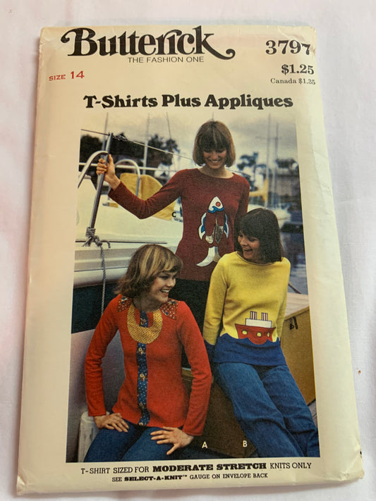 Butterick Sewing Pattern 3797 Misses' Top, Applique Transfers, Shirt, Long Sleeves, Collar, Pullover, Close Fitting, Size 14, Uncut, Vintage 1985