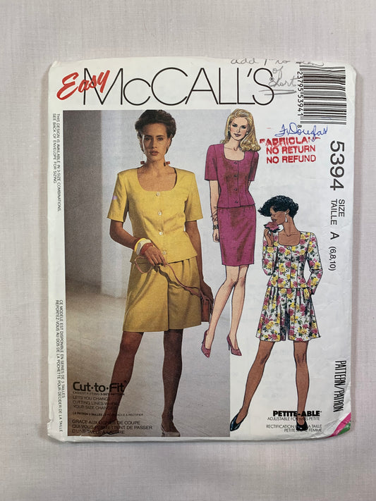 McCall's Sewing Pattern 5394 Misses' Top, Skirt, Shorts, Zipper Back, Long/Short Sleeves, Semi-Fitted, Size 6-10, Cut, Vintage 1991