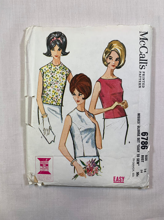 McCall's 6786 Misses' Blouse, Size 14, Cut, Vintage 1963