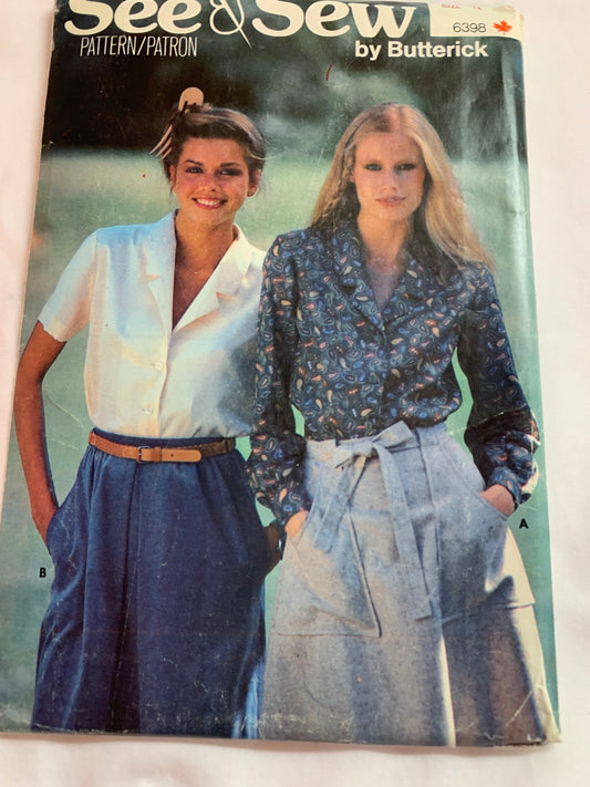 Butterick Sewing Pattern 6398 Misses' Shirt, Blouse, Semi-Fitted, Long/Short Sleeves, Collar, Button Front, Size 14, Cut, Vintage 1980