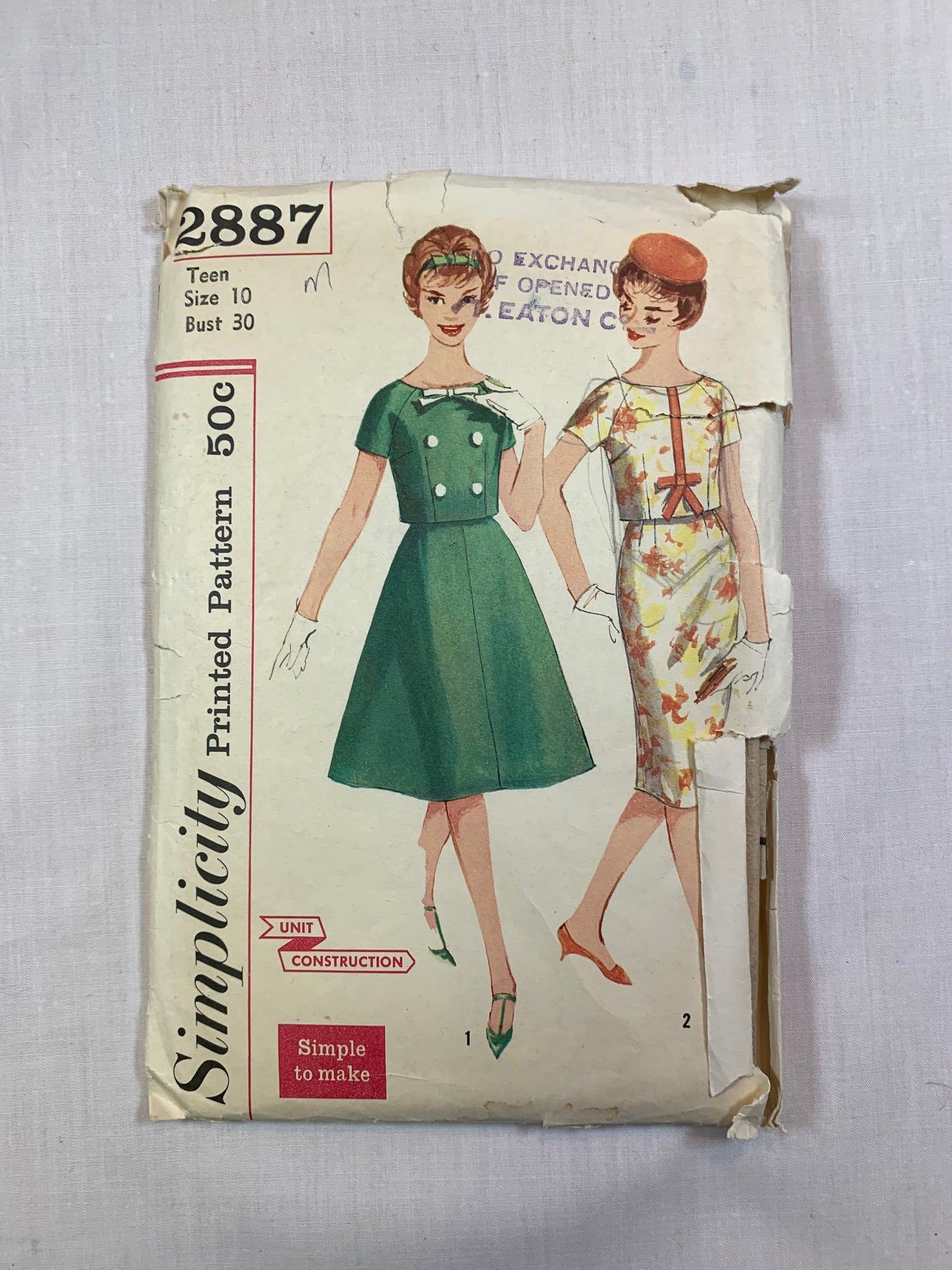 Simplicity 2837 Misses' Two Piece Dress, Size 10, Cut, Vintage 1960