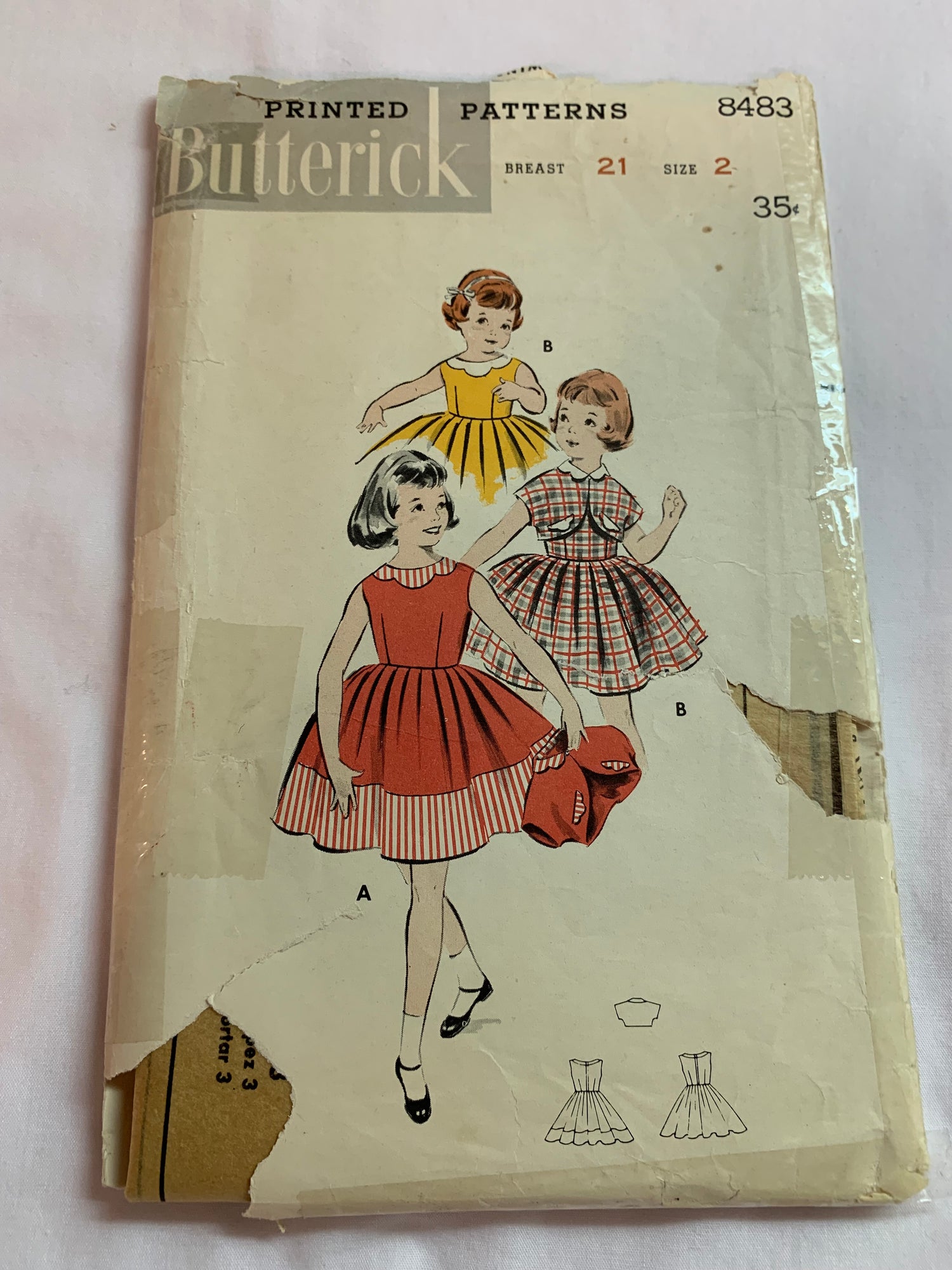 Butterick Sewing Pattern 8483 Girls' Bolero Jacket, Dress, Full Skirt, Zipper Back, Sleeveless, Darts, Size 2, Cut, Vintage 1950