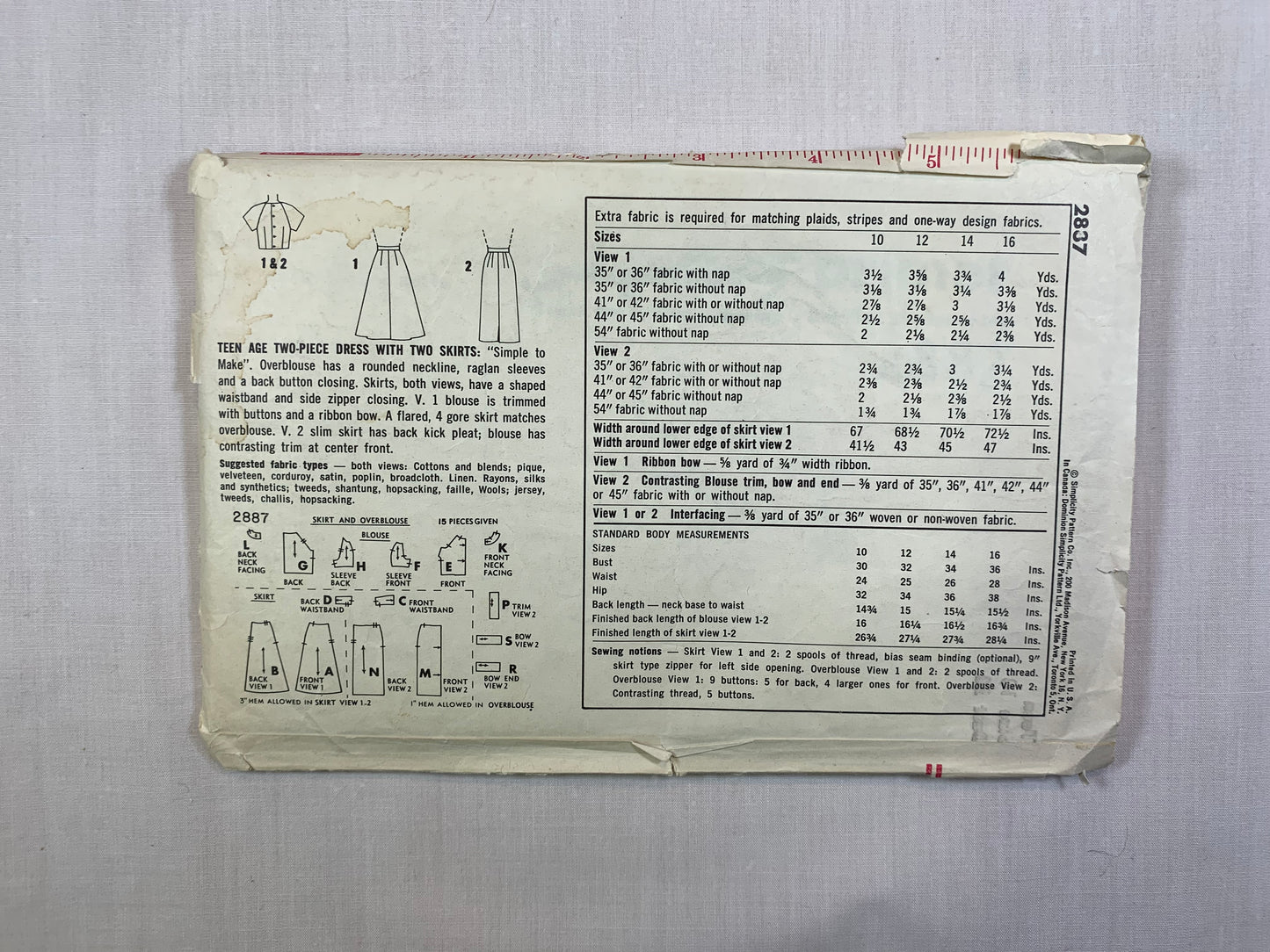 Simplicity 2837 Misses' Two Piece Dress, Size 10, Cut, Vintage 1960