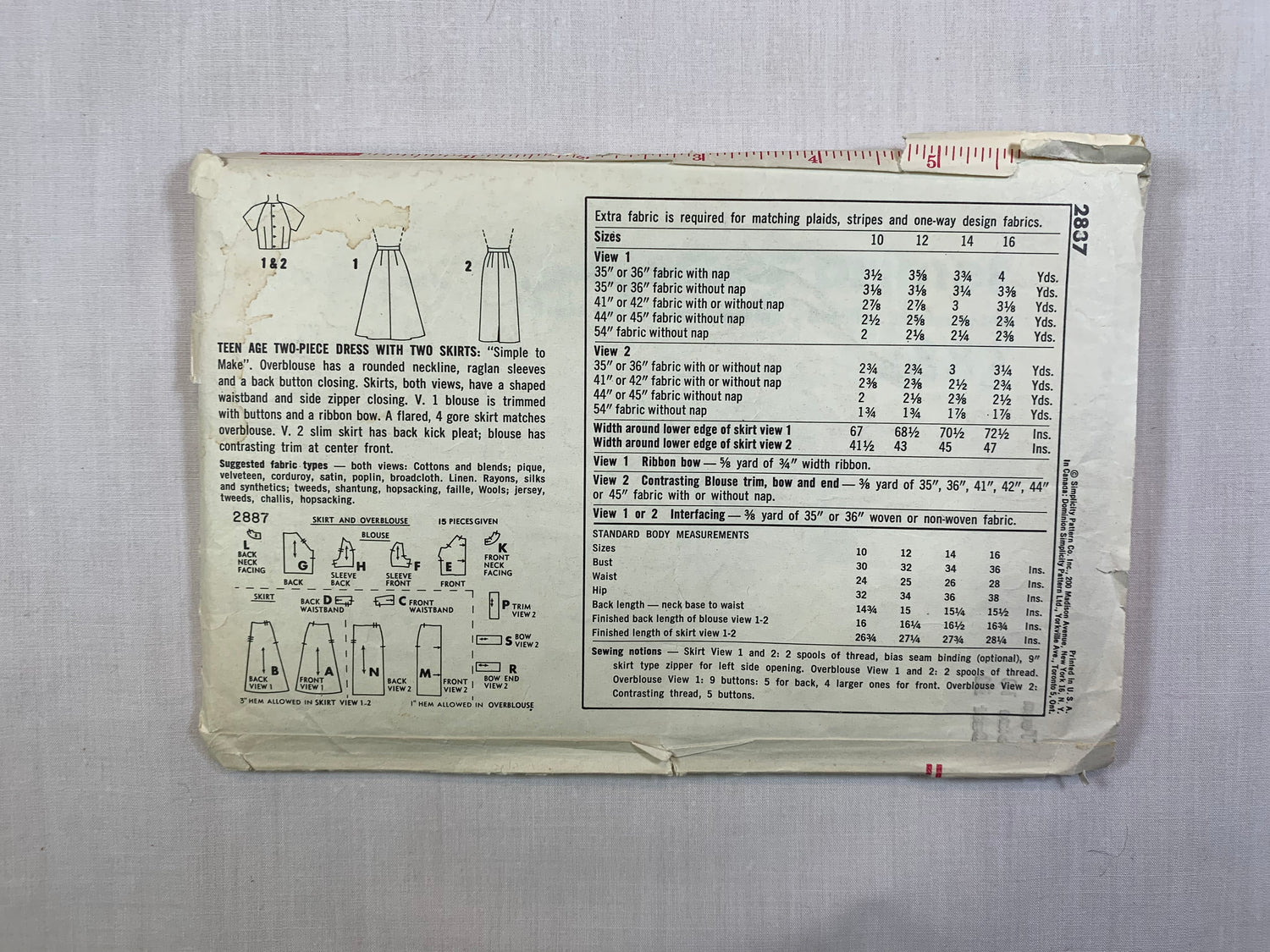 Simplicity 2837 Misses' Two Piece Dress, Size 10, Cut, Vintage 1960
