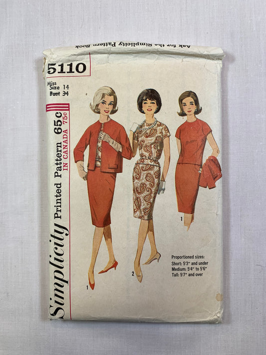 Simplicity 5110 Misses' Jacket, Blouse, Skirt, Size 14, Cut, Vintage 1966