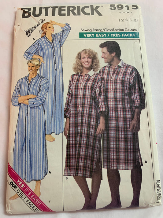 Butterick Sewing Pattern 5915 Misses'/Men's/Unisex Nightshirt, Loose-Fitting, Two Lengths, Collar, Shirttail, Long Sleeves, Size XS-M, Cut, Vintage 1987