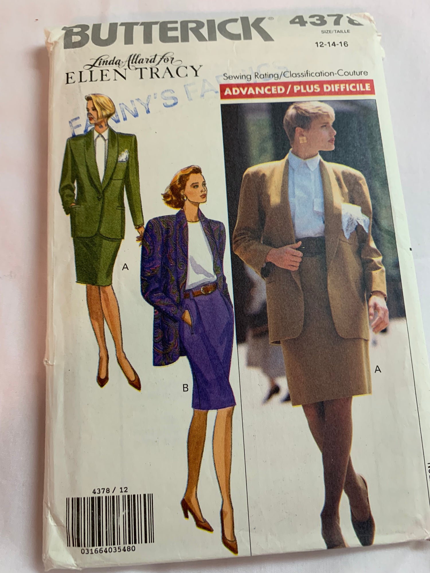 Butterick Sewing Pattern 4387, Misses' Jacket, Skirt, Loose-Fitting, Lined, Shoulder Pads, Long Sleeves, Zipper Back, Size 12-16, Cut, Vintage 1989