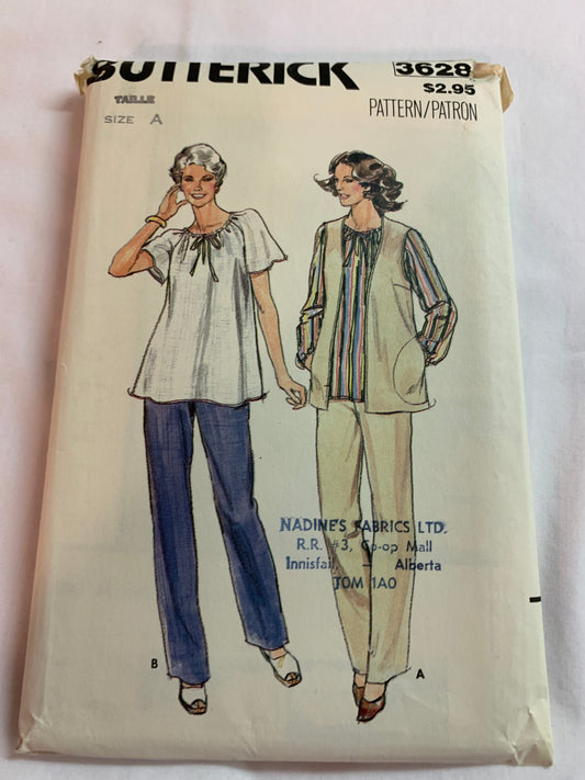 Butterick Sewing Pattern 3628 Misses' Half Size Blouse, Vest, Pants, Loose-Fitting, Pockets, Long/Short Sleeves, Size 14 1/2, Cut, Vintage 1980