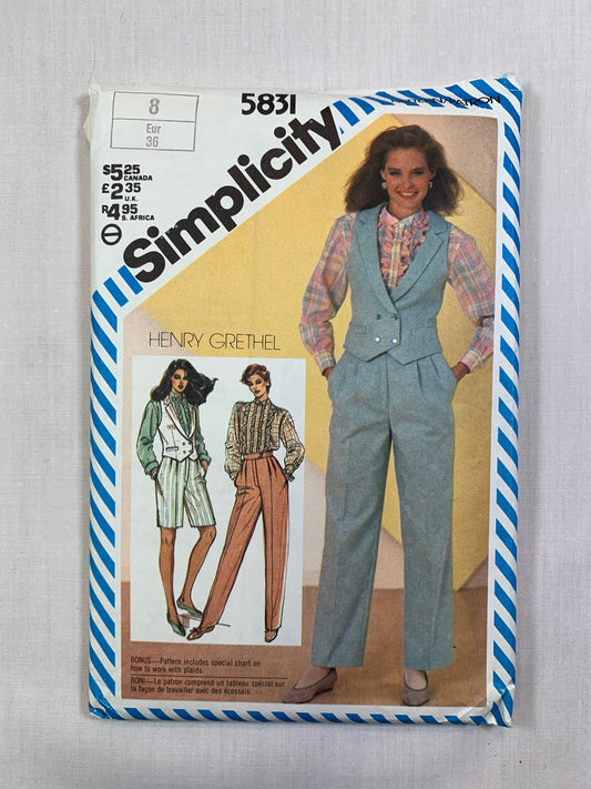 Simplicity 5831 Misses' Blouse, Pants, Shorts, Vest, Size 8, Cut, Vintage 1982