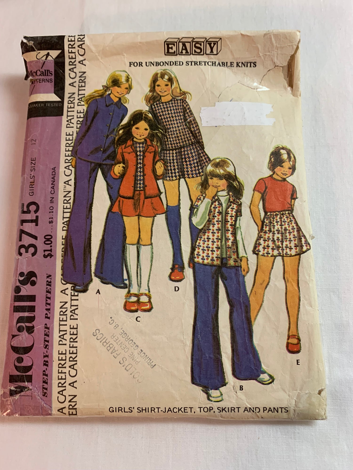 McCall's Sewing Pattern 3715 Girls' Shirt-Jacket, Top, Pants, Skirt, Button Front, Zipper Back, Size 12, Cut, Vintage 1973