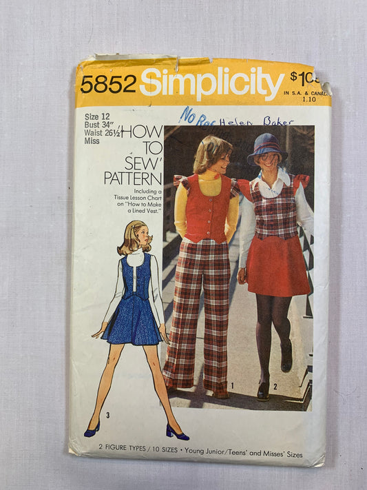 Simplicity 5852 Junior Teens' Misses' Vest, Skirt, Pants,, Size 12, Cut, Vintage 1973